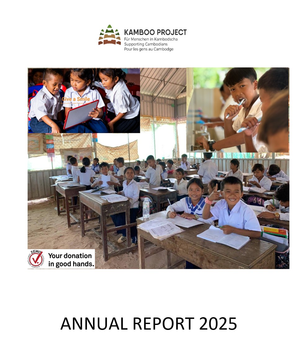 Kamboo Project logo above a collage of Cambodian students in classrooms, with the title 'Annual Report 2025' underneath the image panel and donation badge in the corner.