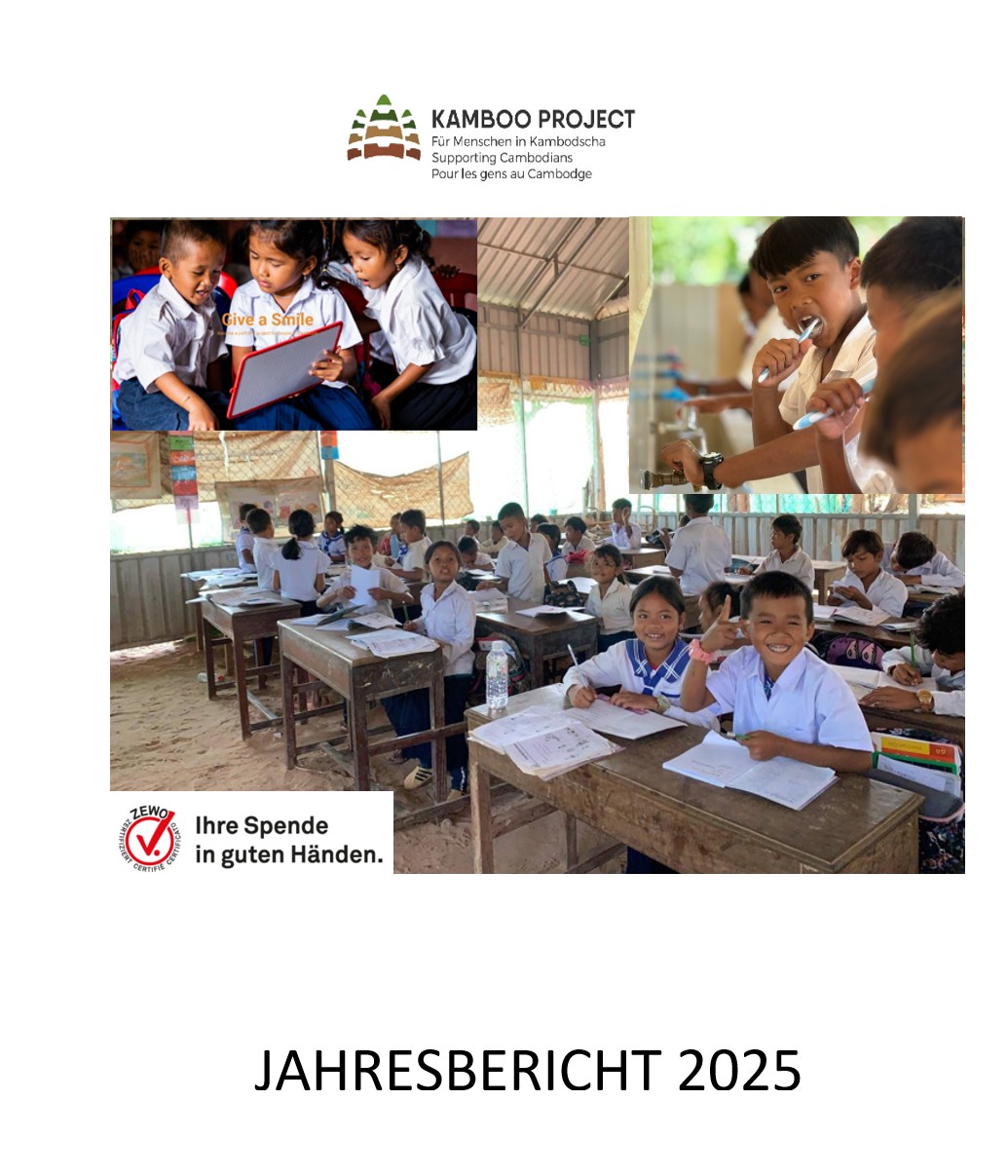 Collage zum Jahresbericht 2025 der Kamboo Project: kambodschanische Schulkinder, Projektlogo oben und Spendenbanner unten links.