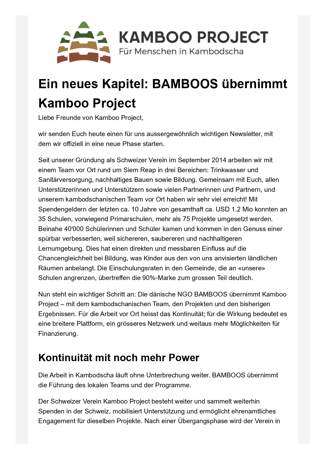 KAMBOO PROJECT newsletter header with logo and bold German headline about BAMBOOS taking over Kamboo Project.