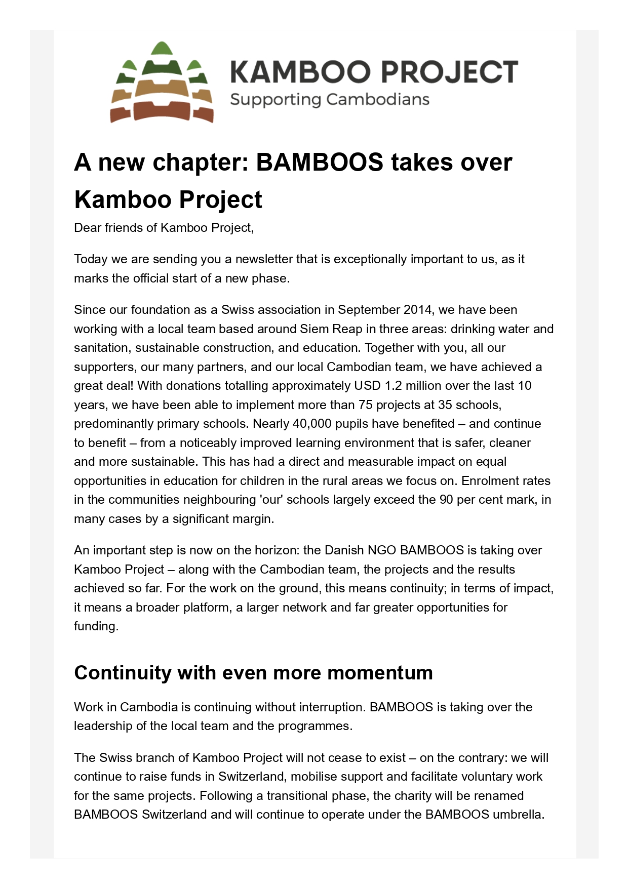 KAMBOO PROJECT newsletter page showing the logo and an article titled 'A new chapter: BAMBOOS takes over Kamboo Project' written text.