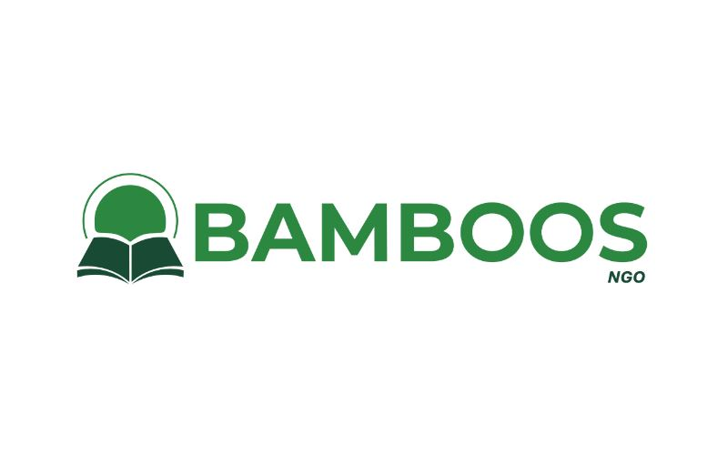 BAMBOOS NGO logo: green stylized open book with a curved arc above, followed by the word BAMBOOS in bold green, and 'NGO' in small text.
